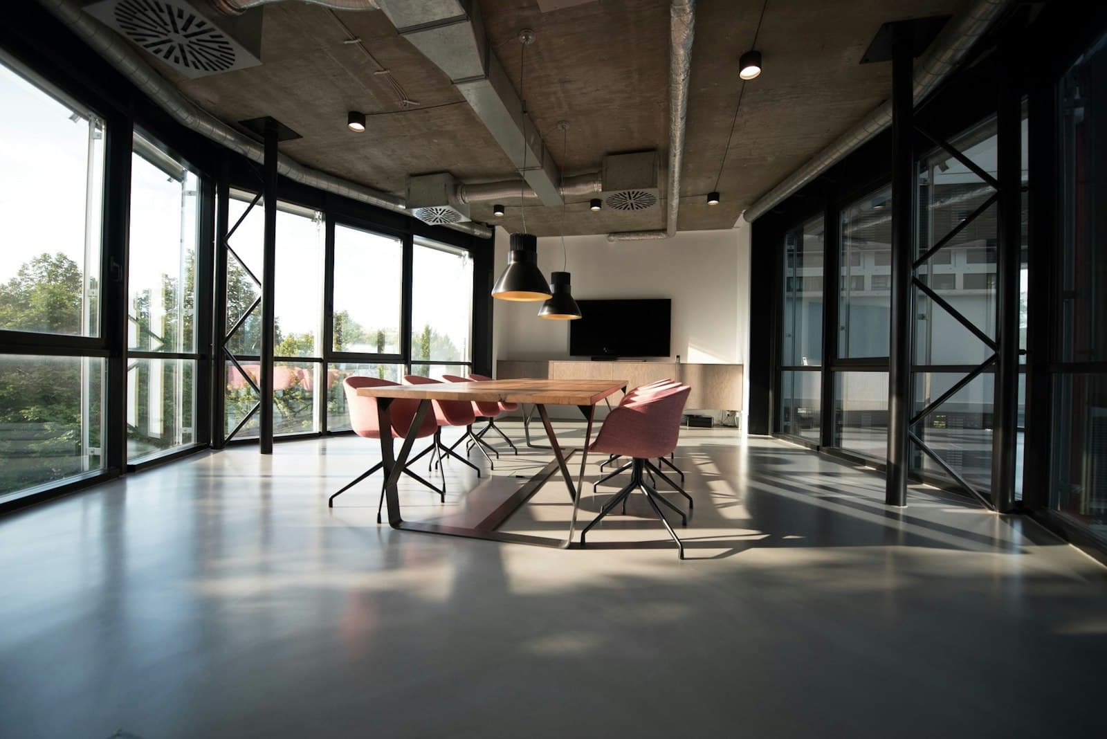 A meeting room set for a conversation about a business contract
